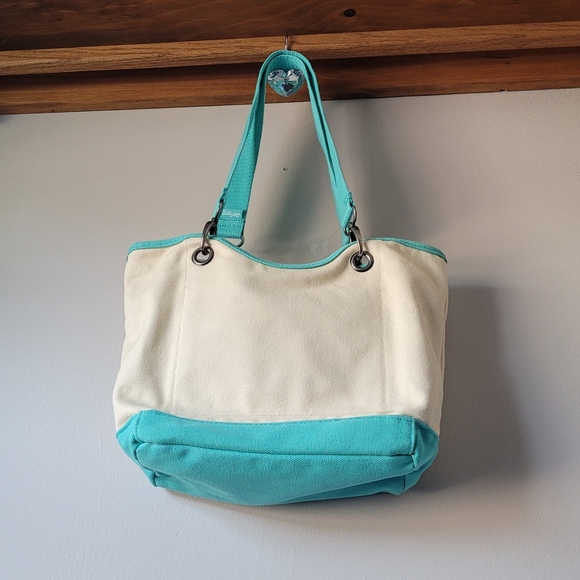 THIRTY-ONE Canvas Crew Carry-All Tote Bag Natural / Turquoise RETIRED - Picture 12 of 12